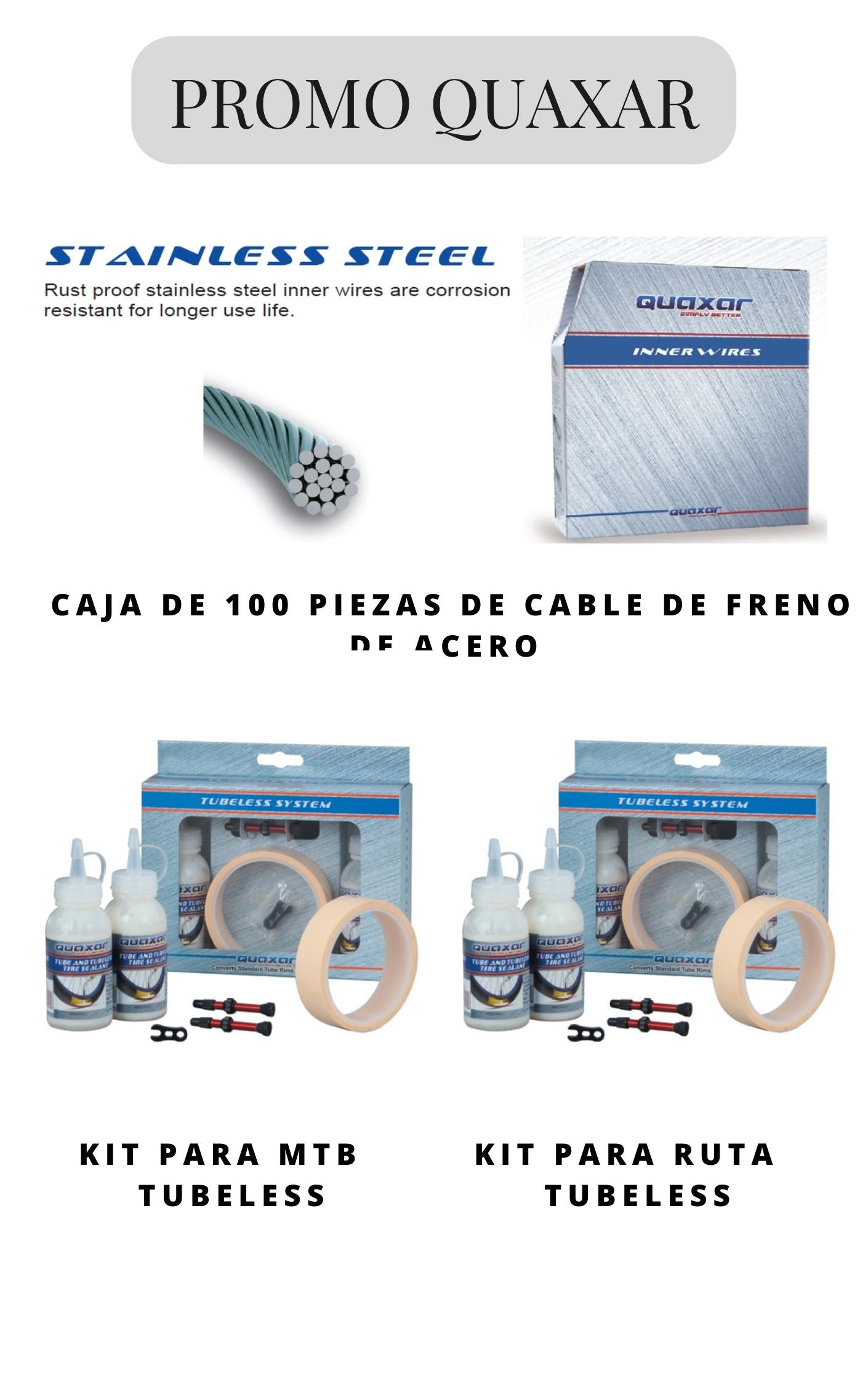 3 Productos Quaxar Cables de freno y kit Tubeless